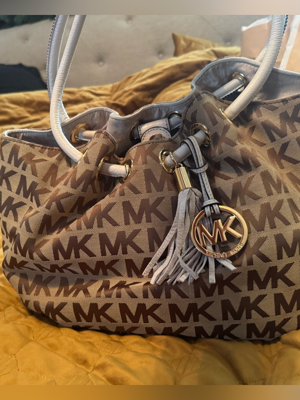 Michael Kors Brown MK Logo Drawstring Shoulder Bag with White Trim